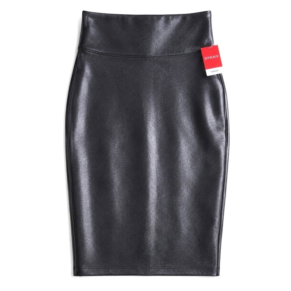 Spanx Faux Leather Pencil Skirt M Black High Waisted Shaping Compression NWT